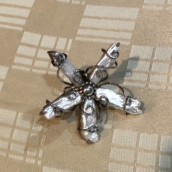 Huge Biwa Pearl Sterling Silver Flower Cocktail Ring  / Israeli Artist - sz 7